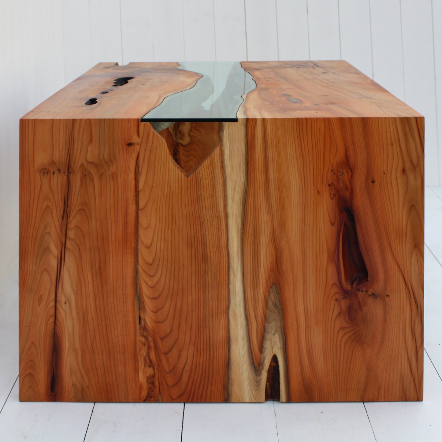 Yew and glass river coffee table