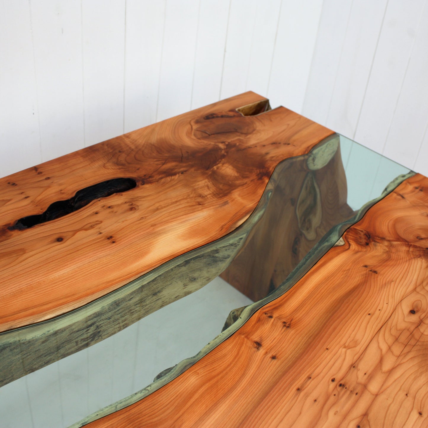 Yew and glass river coffee table