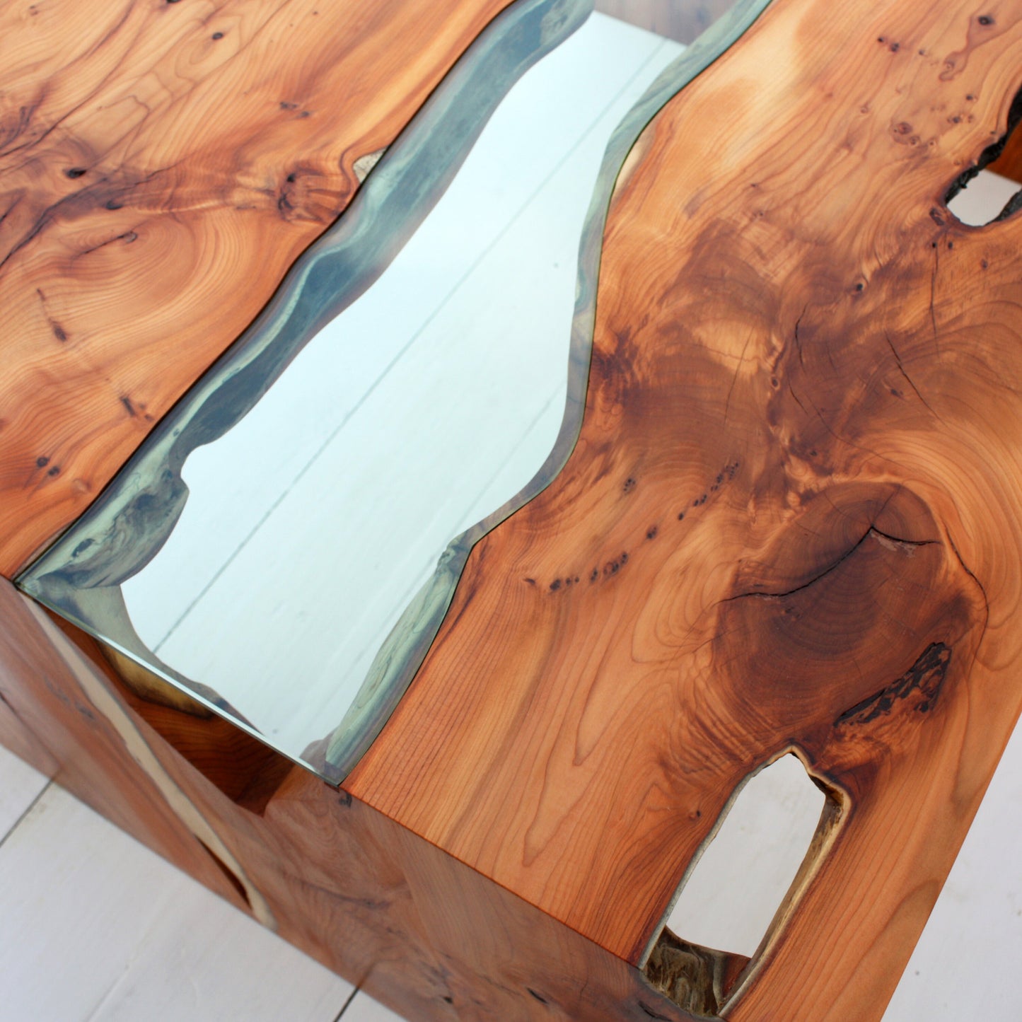 Yew and glass river coffee table