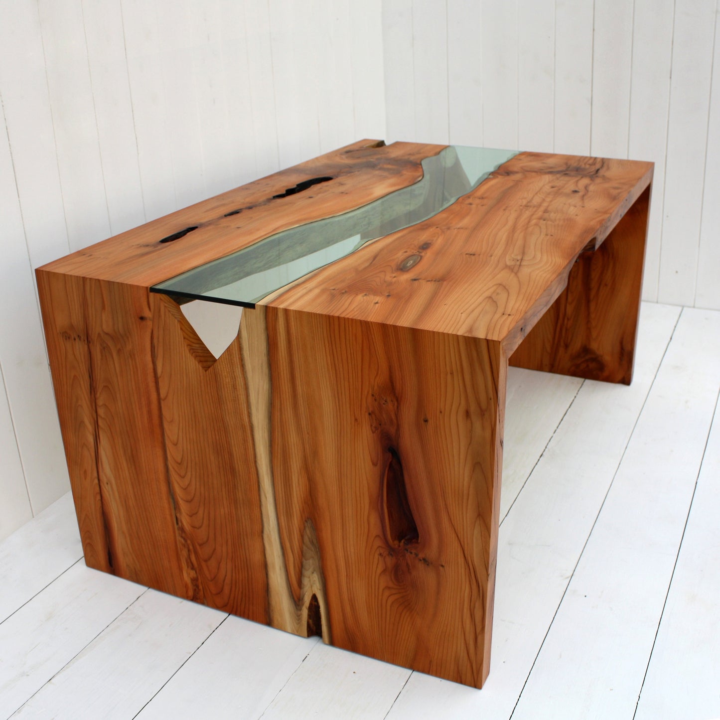 Yew and glass river coffee table